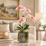 Pink Faux Orchid Flowers in Silver Square Pot #F-255