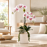 Faux Orchid Flowers w/Geodes, Succulent in White Ceramic Pot #F-256