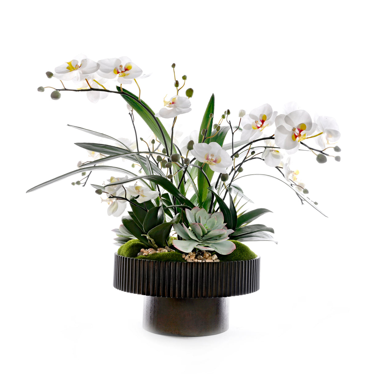 White Faux Orchids Center Piece in Wood Bowl #F-259