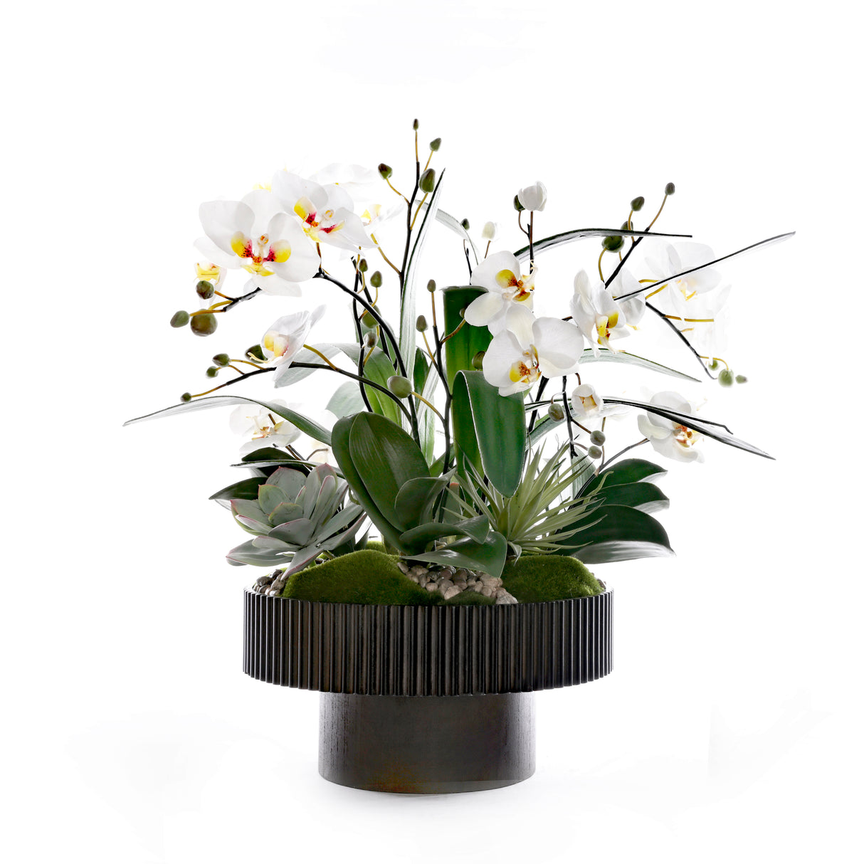 White Faux Orchids Center Piece in Wood Bowl #F-259