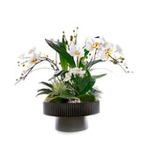 White Faux Orchids Center Piece in Wood Bowl #F-259