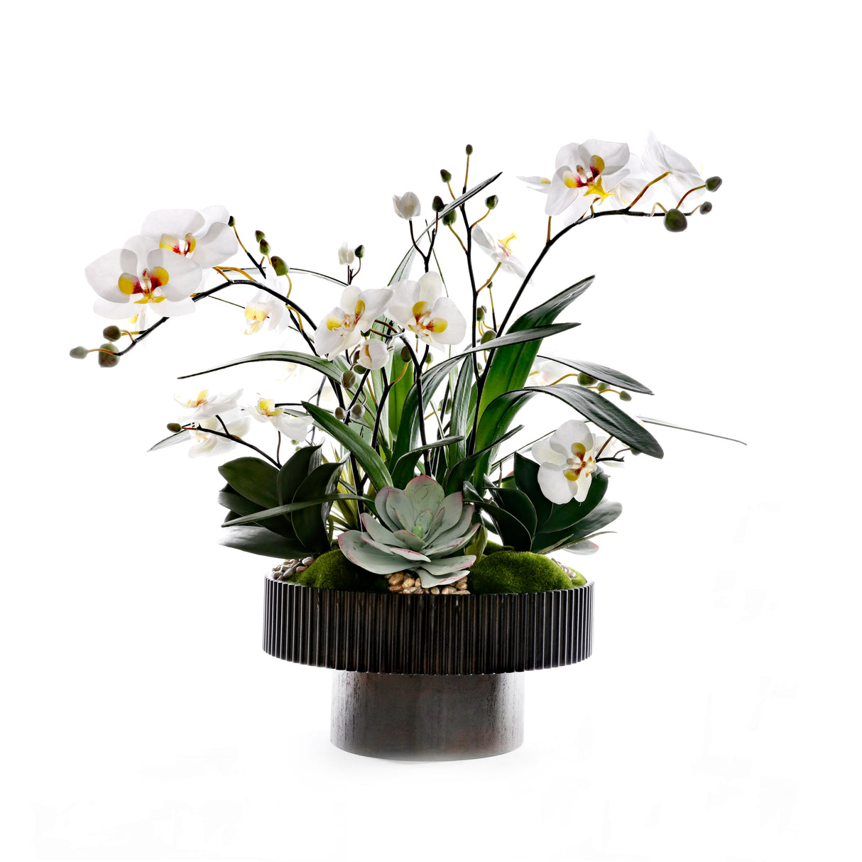 White Faux Orchids Center Piece in Wood Bowl #F-259
