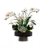 White Faux Orchids Center Piece in Wood Bowl #F-259