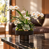 White Faux Orchids Center Piece in Wood Bowl #F-259