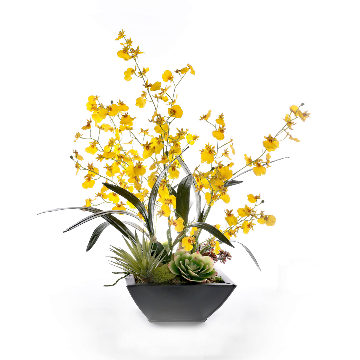 Yellow Oncidium Orchid Flower Arrangement in Zinc Metal Pot #F-260