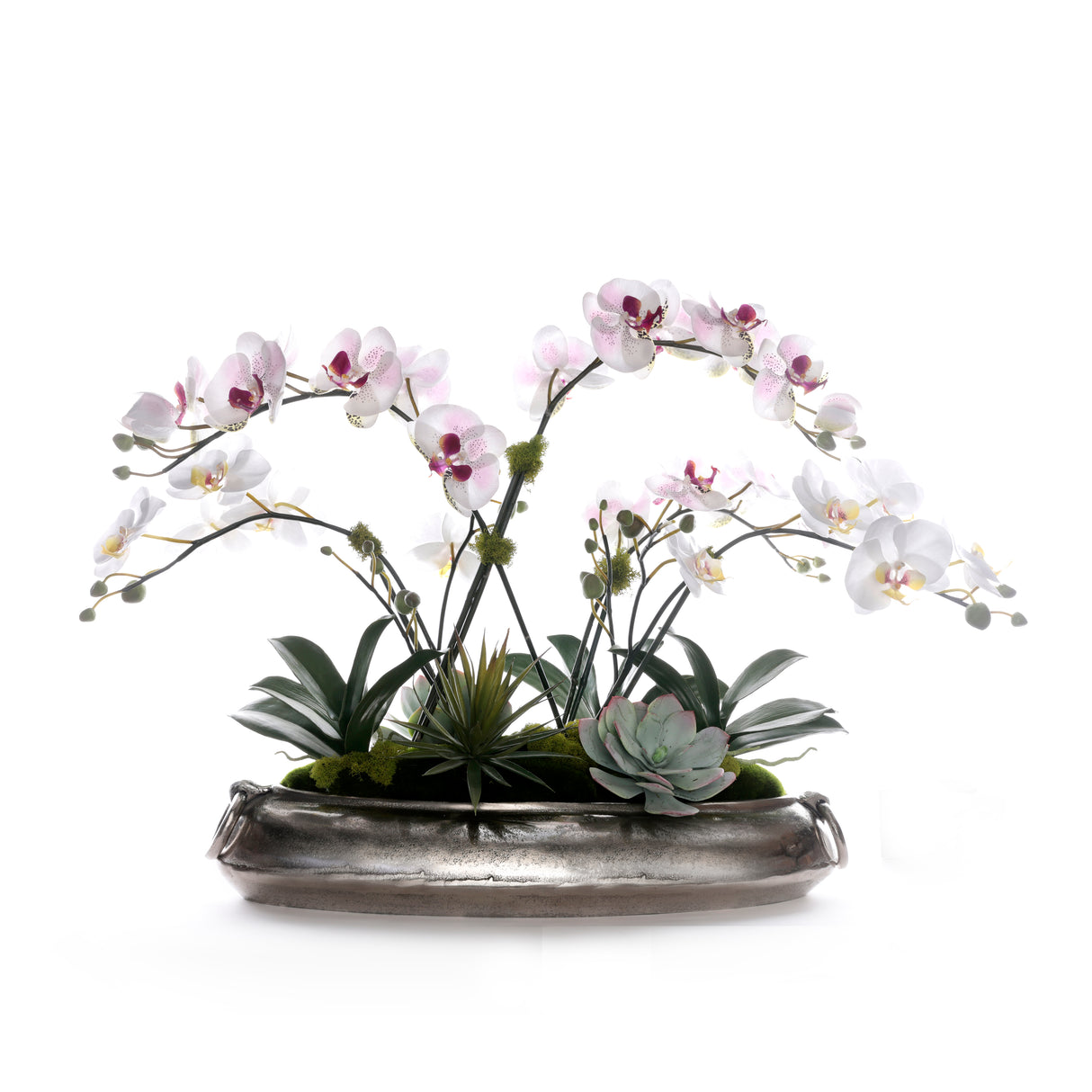 White/Mauve Faux Orchid Flower Arrangement Center Piece in Metal bowl #F-262