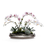White/Mauve Faux Orchid Flower Arrangement Center Piece in Metal bowl #F-262