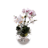 White/Mauve Faux Orchid Flower Arrangement Center Piece in Metal bowl #F-262