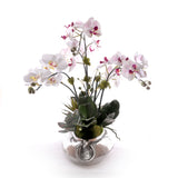 White/Mauve Faux Orchid Flower Arrangement Center Piece in Metal bowl #F-262
