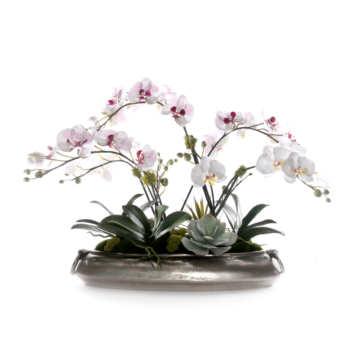 White/Mauve Faux Orchid Flower Arrangement Center Piece in Metal bowl #F-262