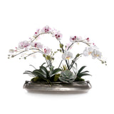 White/Mauve Faux Orchid Flower Arrangement Center Piece in Metal bowl #F-262