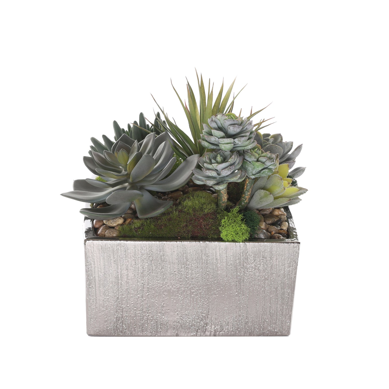 artificial succulents in grey pots Succulents Arrangement with rocks in Square Etched Sliver Pot #S-62 – Jenny Silks