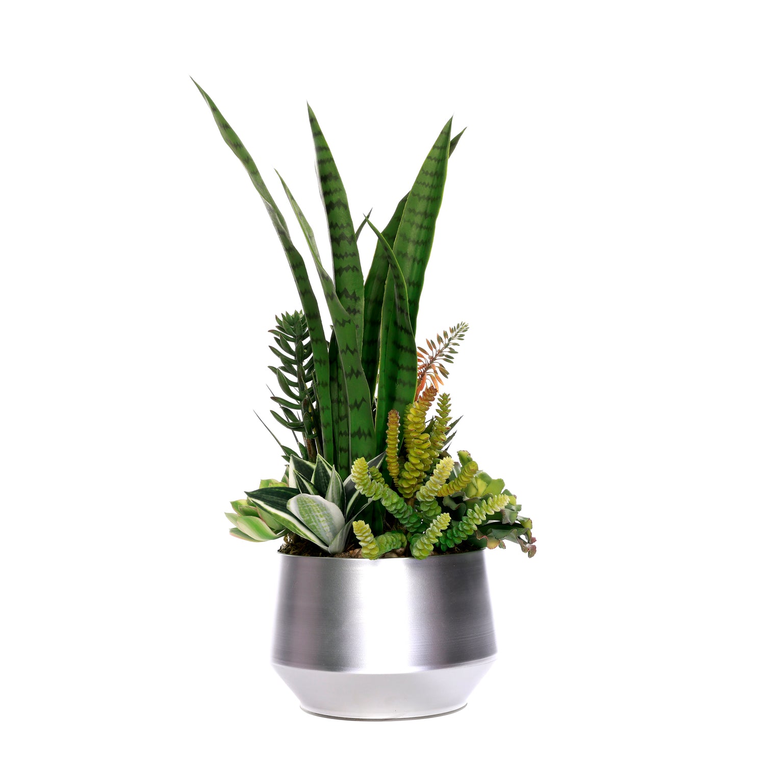 small silver plant pots Succulent Arrangement with Natural Pebbles in Sliver Round Planter #S- – Jenny Silks