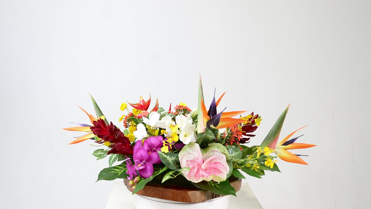 Tropical Artifical Flower Arrangement in Teak Wood Plate #F-246