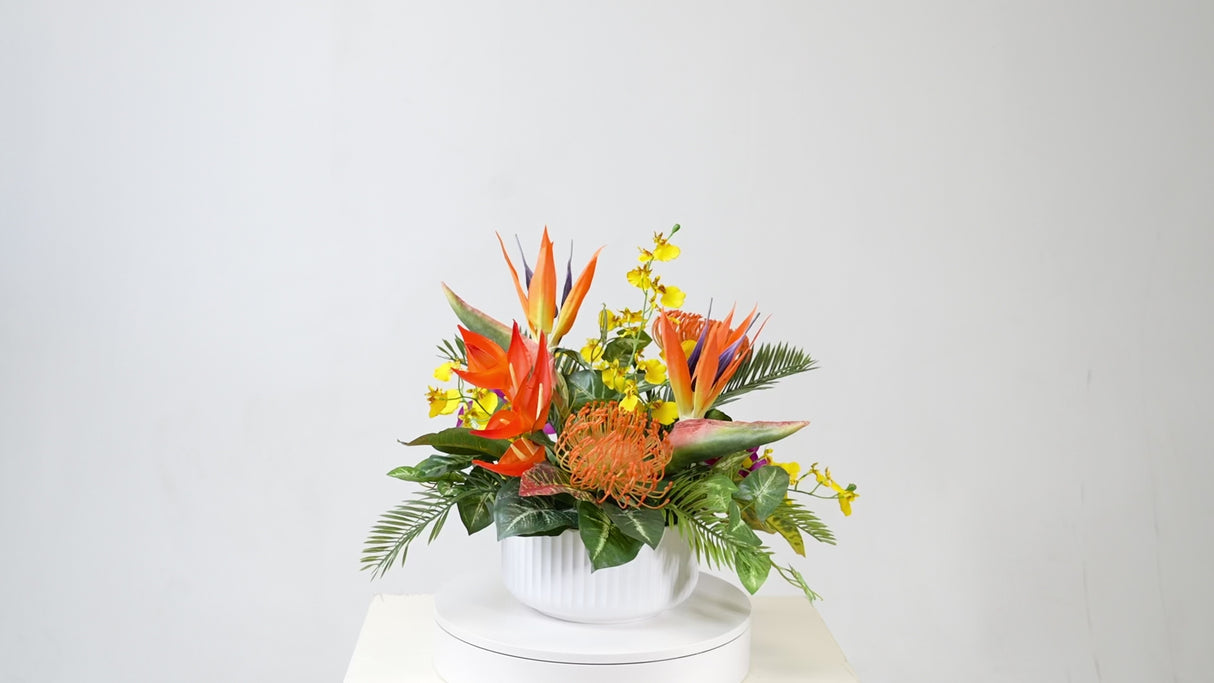 Tropical Artifical Flower Arrangement in Ribbed White Bowl #F-247