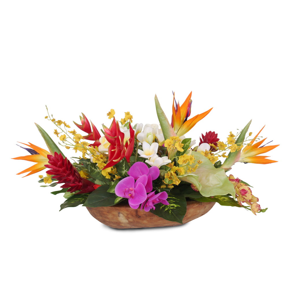 silk florals, flower arrangement, tropical, home decor