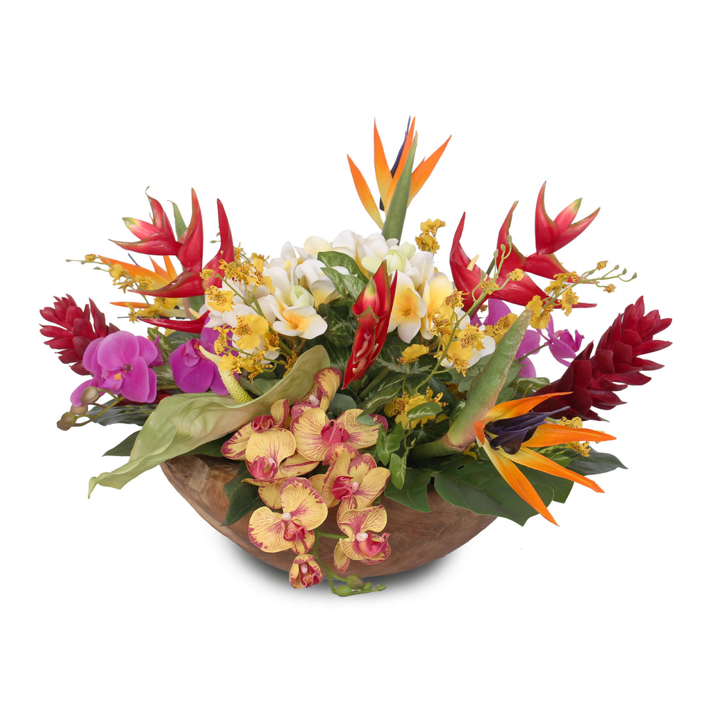 silk florals, flower arrangement, tropical, home decor