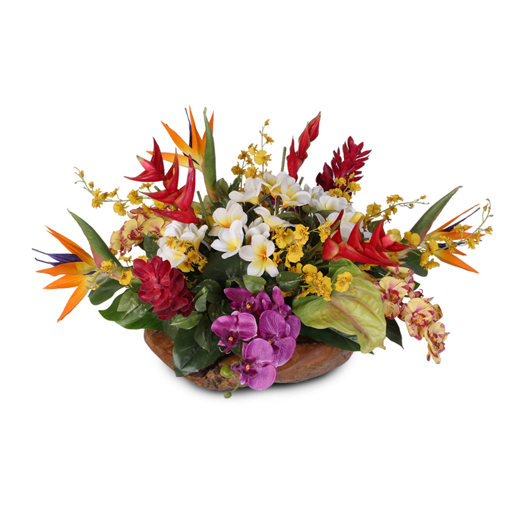 silk florals, flower arrangement, tropical, home decor