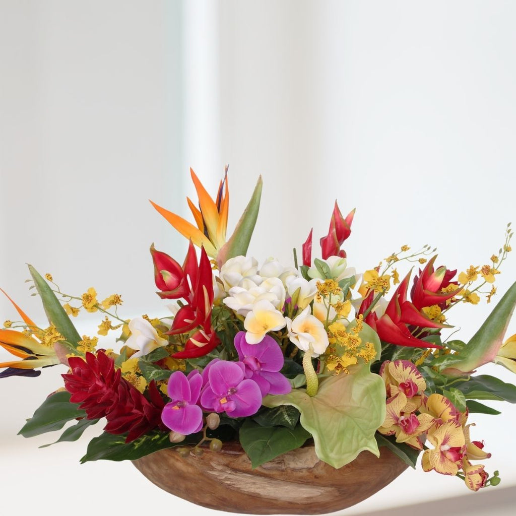 silk florals, flower arrangement, tropical, home decor