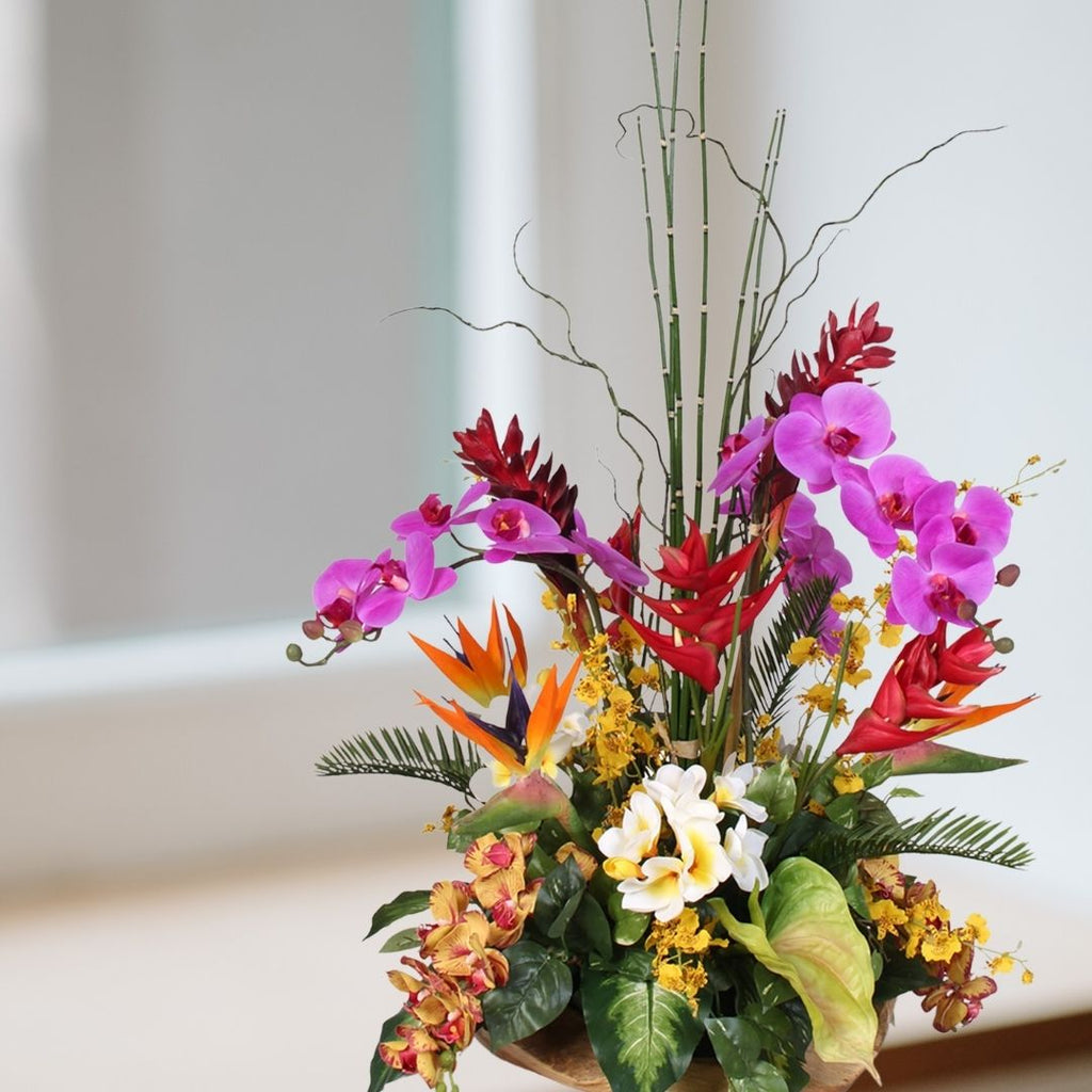 artificial flower, silk floral, fake flowers, tropical arrangement, orchid, home decor, office decor, pop of color