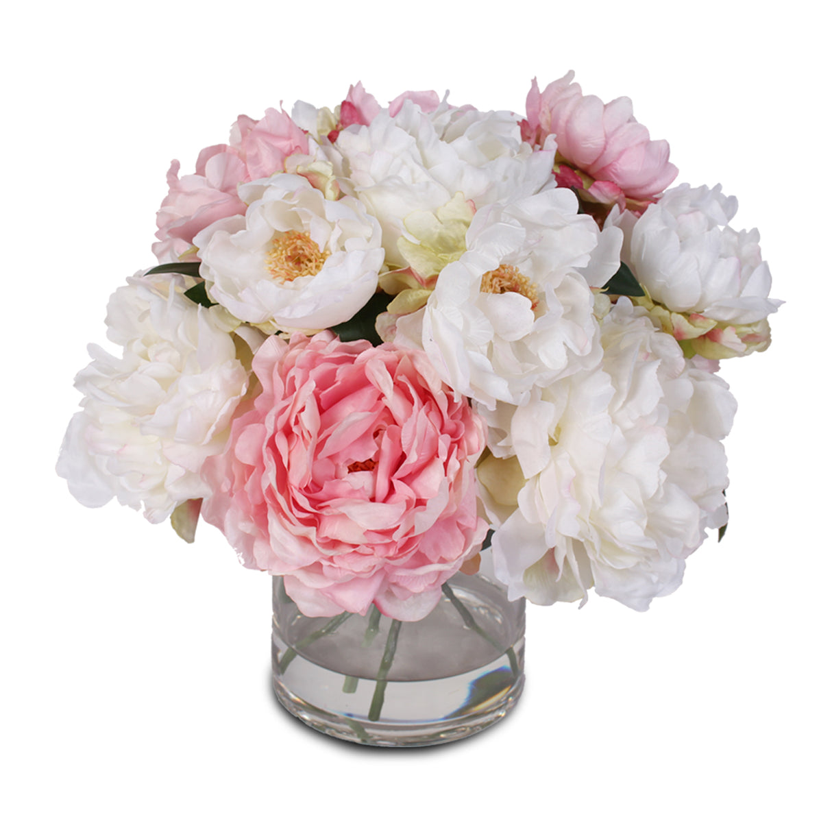 Silk French Peony Bouquet Arrangement in Glass Vase with Fake Water #46W