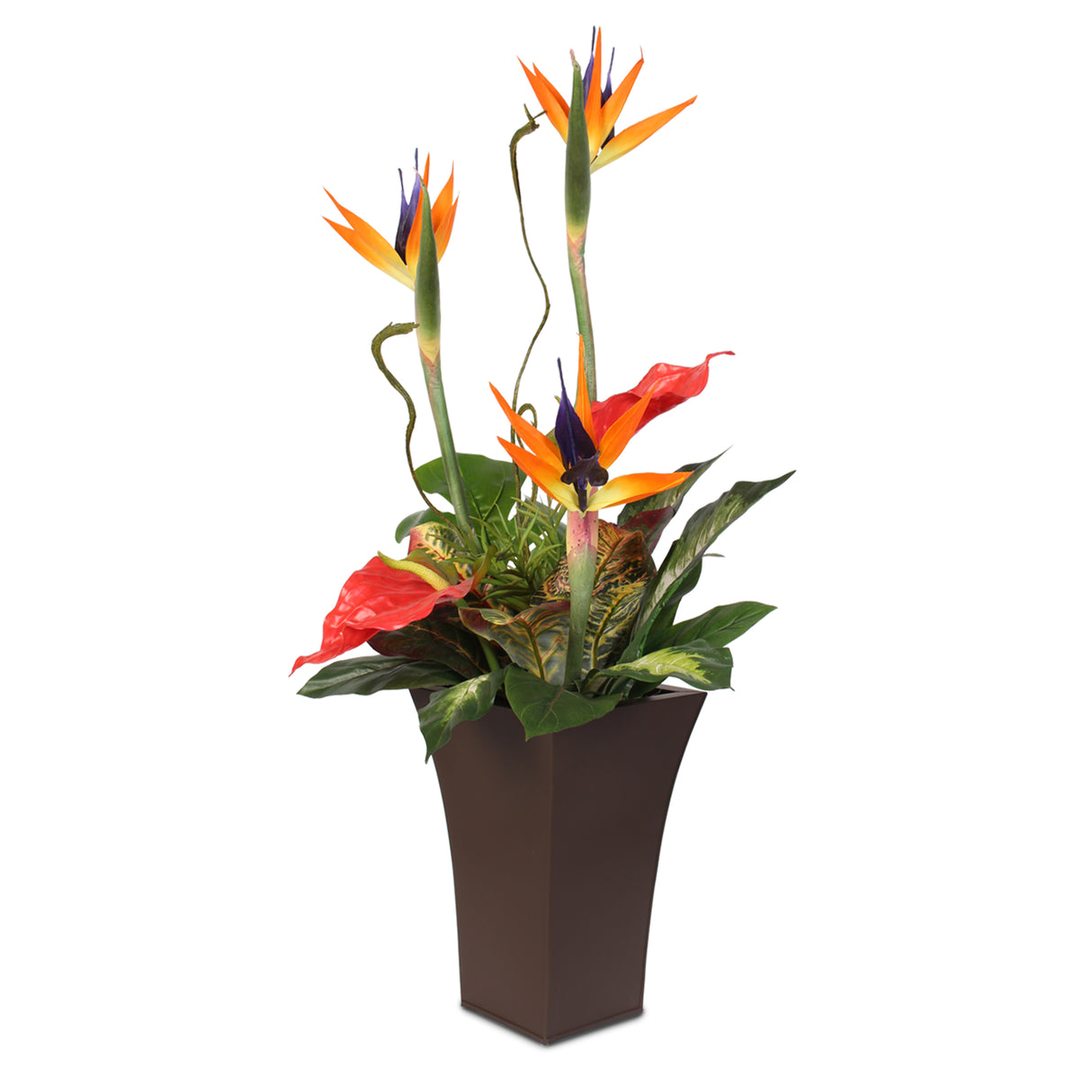 Silk Large Bird of Paradise and Anthurium in a Tall Metal Container #7C