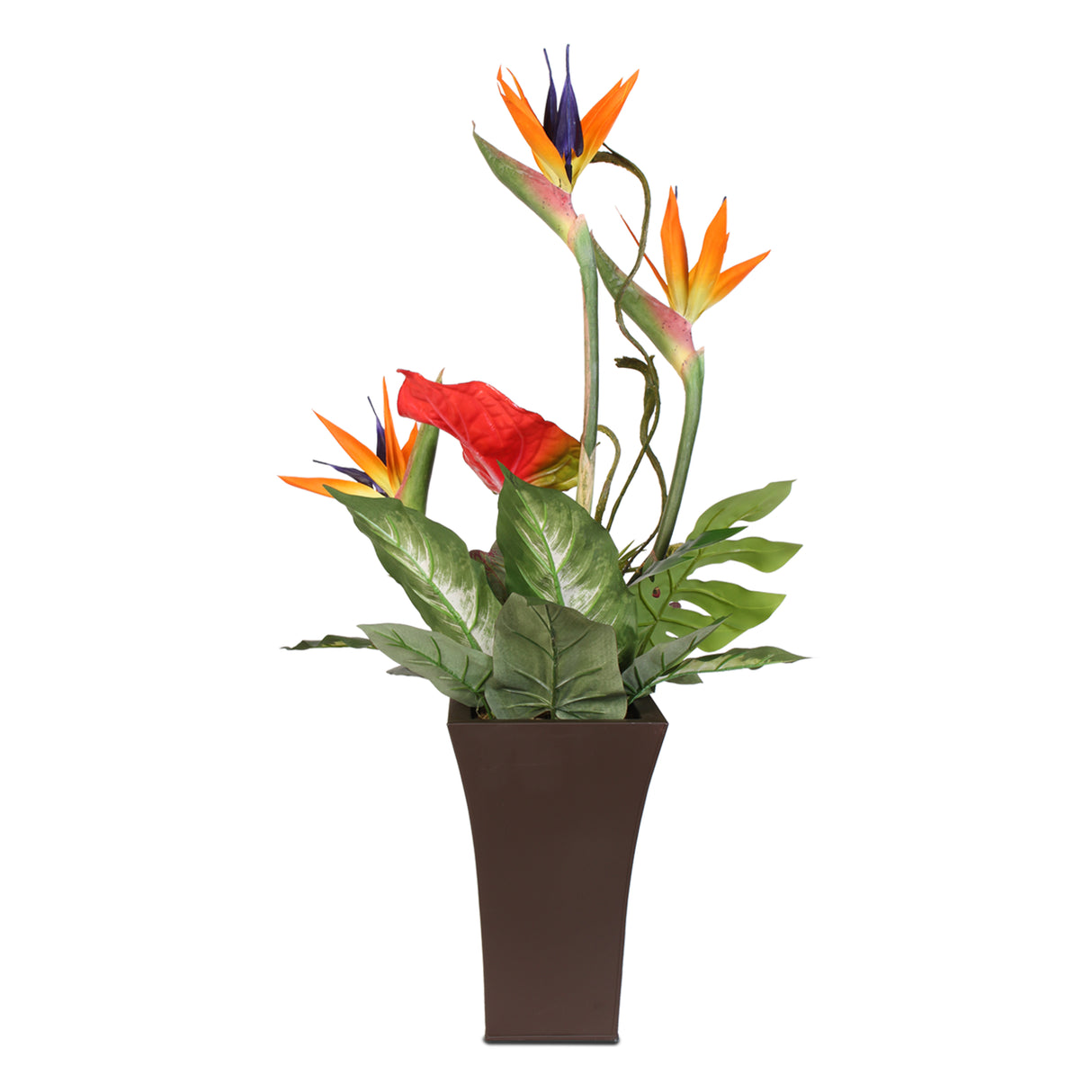 Silk Large Bird of Paradise and Anthurium in a Tall Metal Container #7C
