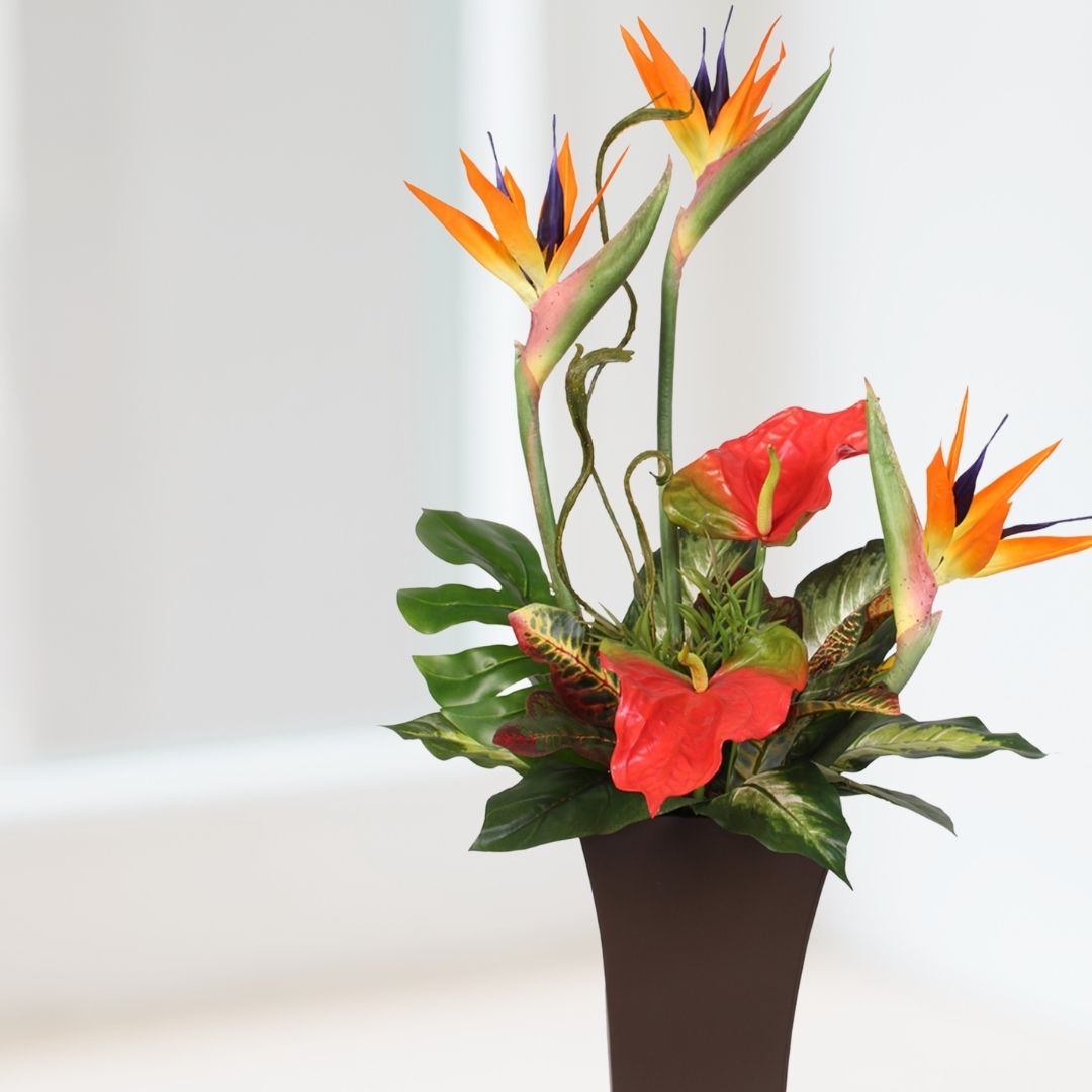 Silk Large Bird of Paradise and Anthurium in a Tall Metal Container #7C