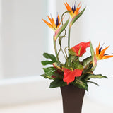 Silk Large Bird of Paradise and Anthurium in a Tall Metal Container #7C