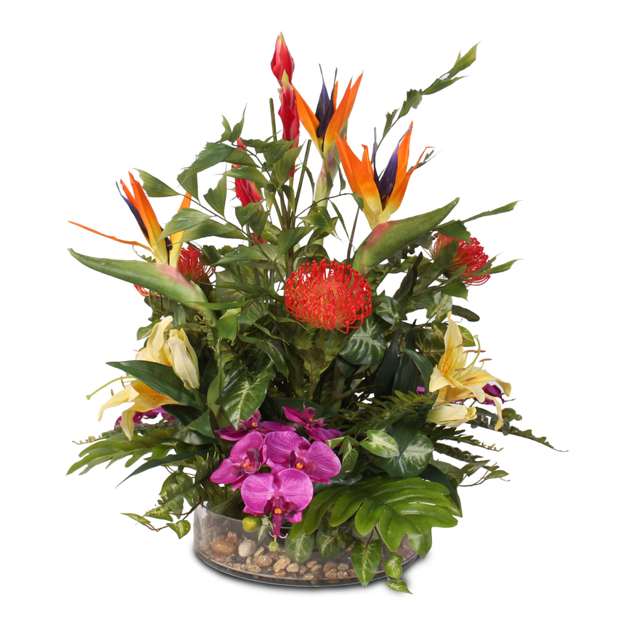 Exotic Tropical Silk Floral with Pebbles  in Glass Bowl #F-04