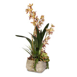 Cymbidium Orchids and Succulents Silk Flower Arrangement In A Square Cement Pot #F-10E