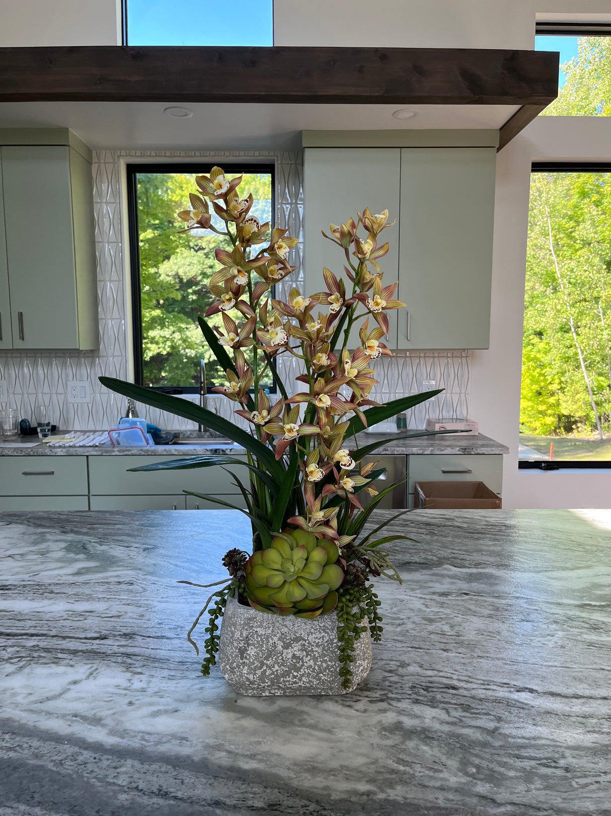 Cymbidium Orchids and Succulents Silk Flower Arrangement In A Square Cement Pot #F-10E
