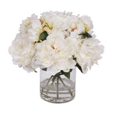 Cream White Silk Peony Arrangement with Faux Water in Glass Vase #F-42
