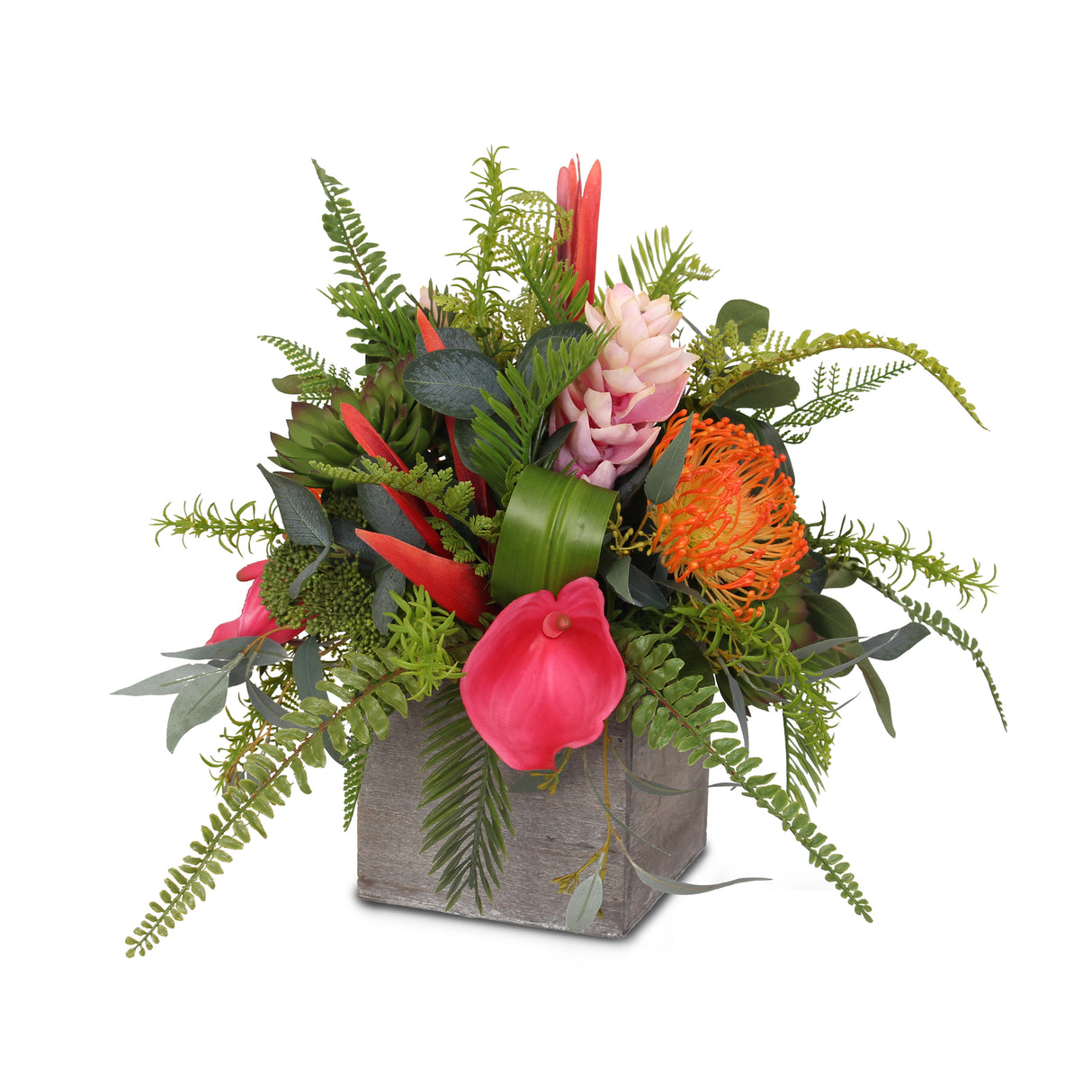 Gorgeous Tropical & Colorful Silk Flower Arrangement in Wooden Pot #F-86