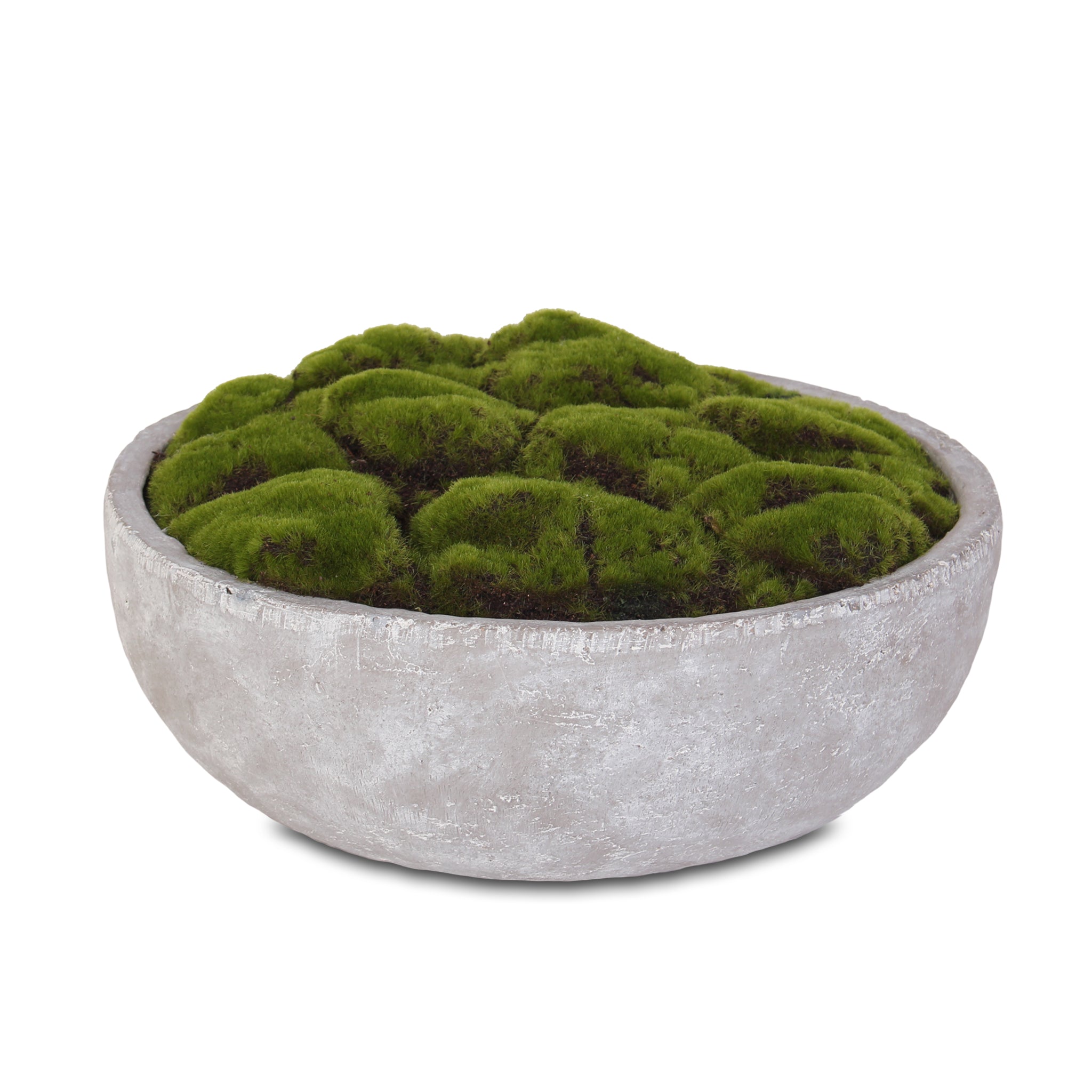 S-35 Artificial Fake Moss Arrangement in Round Stone Wash Cement Bowl - 14.5W x 14.5d x 2H, Green