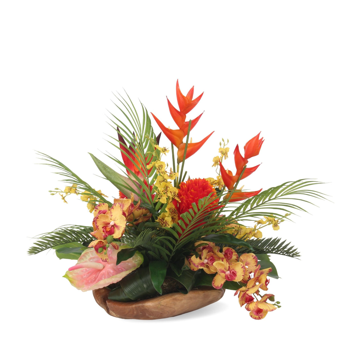 Assorted Tropical Flowers Arrangement in A Natural Character Teak Wood Bowl #F-169