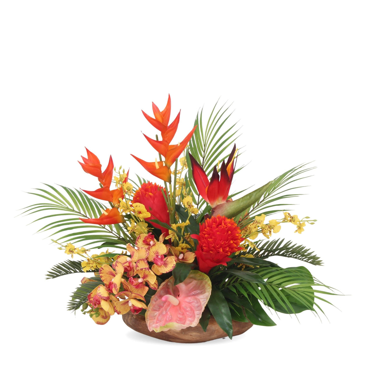 Assorted Tropical Flowers Arrangement in A Natural Character Teak Wood Bowl #F-169